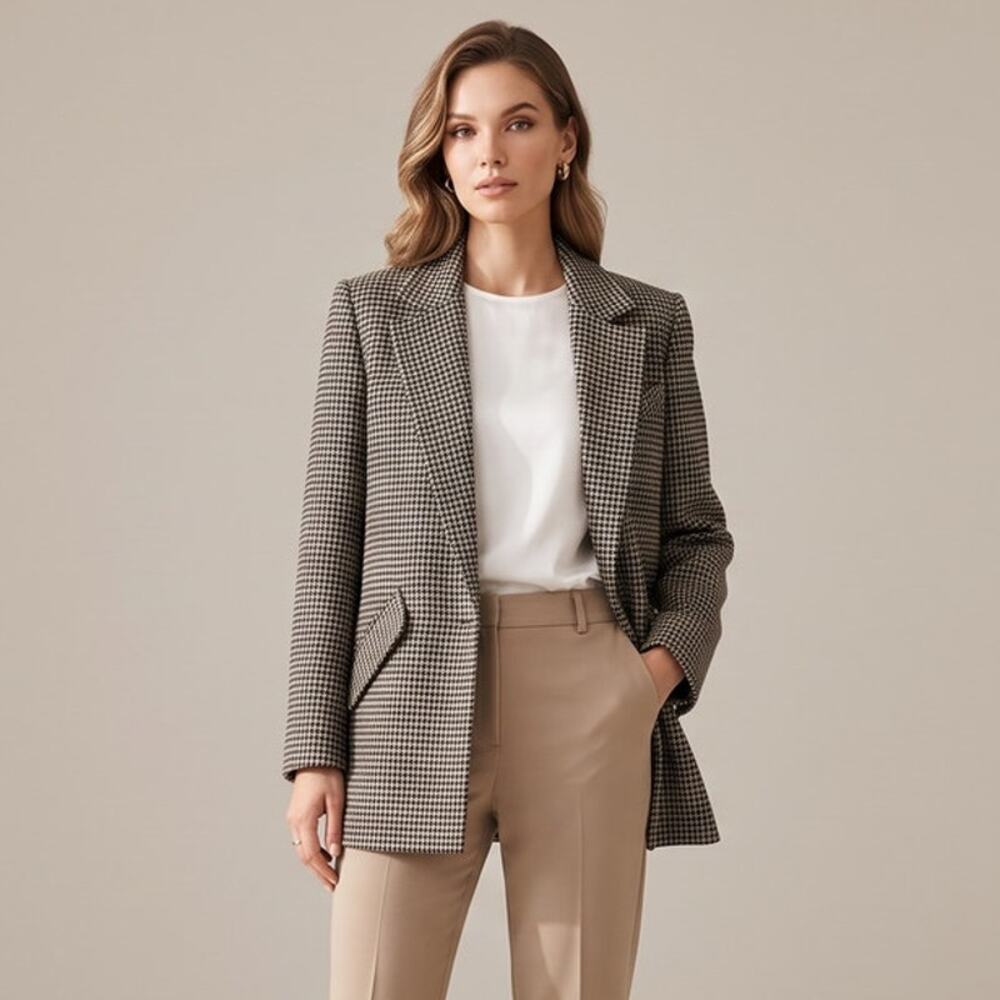 Zara Oversized Houndstooth Straight Cut Blazer Jacket Boyfriend Tweed Gray S